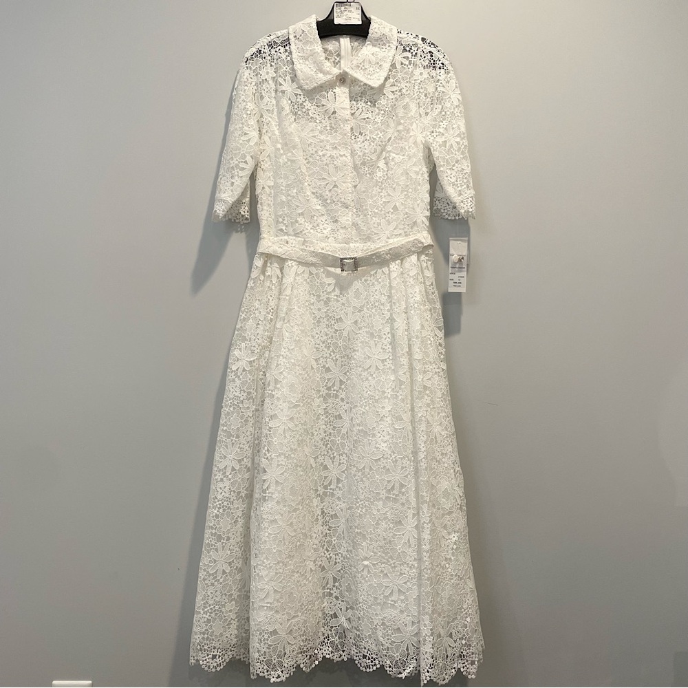 Teri Jon White Lace Midi Dress